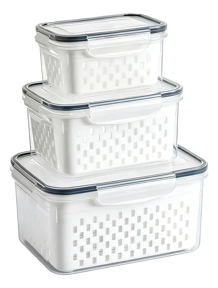 Kit 3 Organizadores Geladeira Alimentos Vegetais Com Tampas Branco