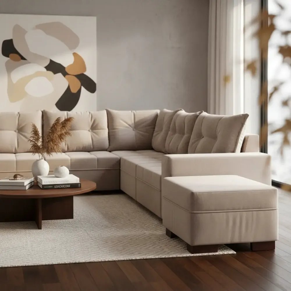 Sofá De Canto Modulado 7 Lugares Glória Suede Bege Liso