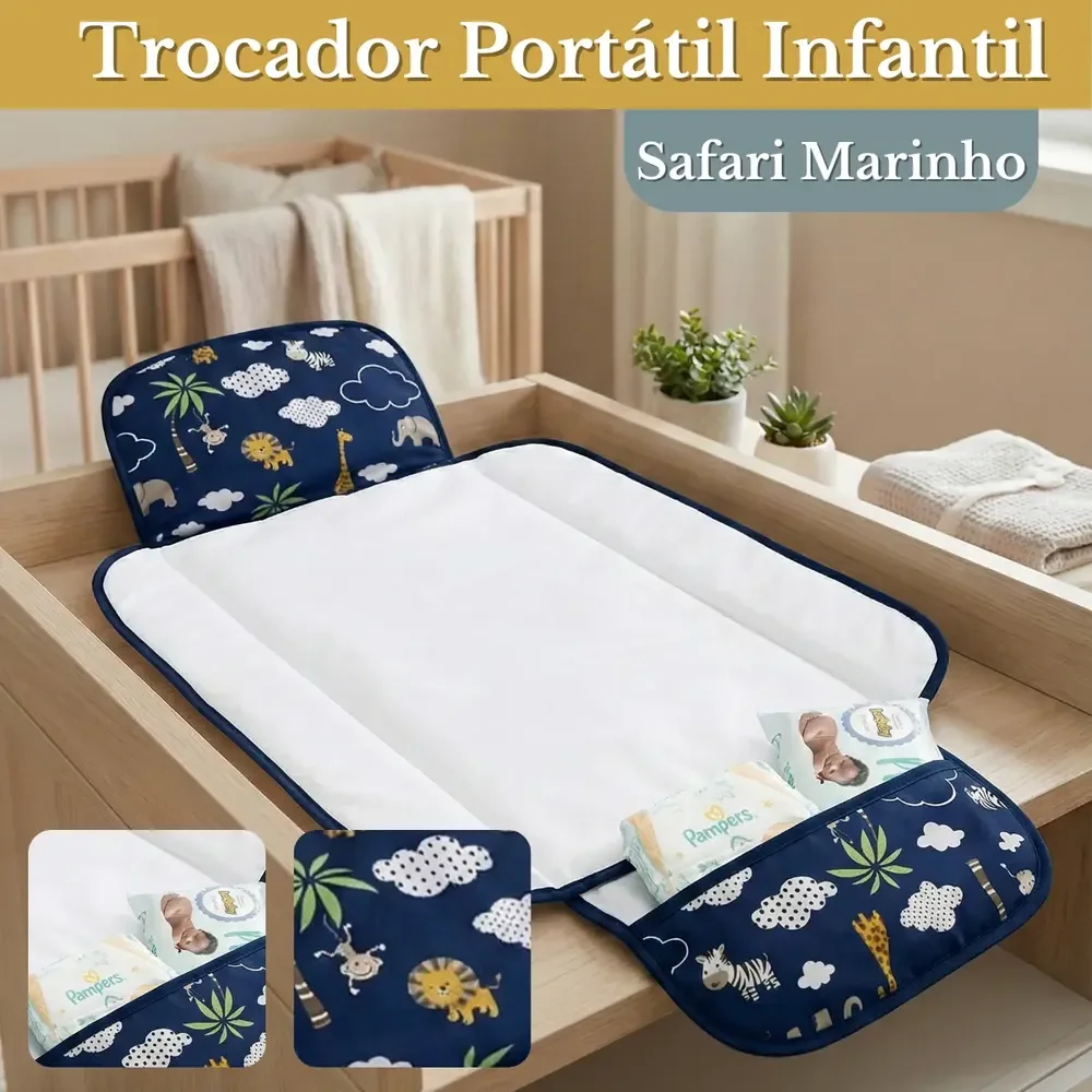 Trocador De Fralda Impermeável Dobrável Retrátil Com Bolso Lindas Estampas Safari Marinho