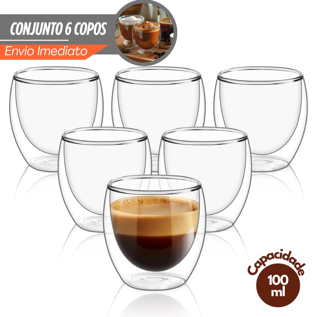 Kit 6 Copos Parede Dupla de Vidro 100 ml Copo de  Café Chá Suco Copo Duplo Isolante Térmico