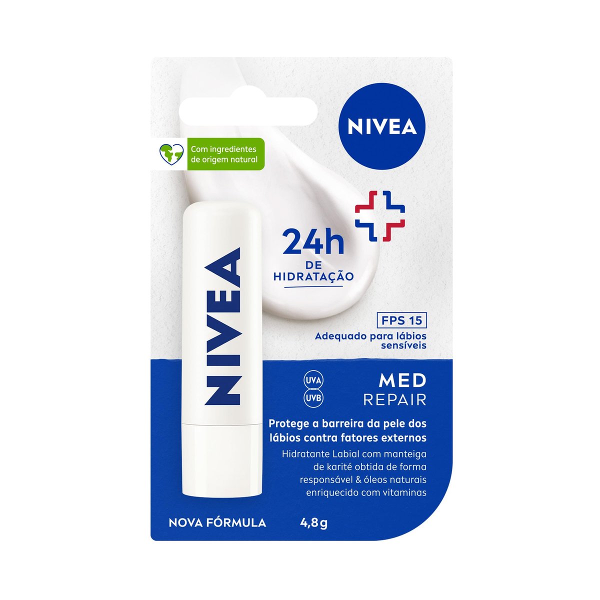 NIVEA Protetor Labial Med Repair FPS15 4,8g - Hidrata e regenera os lábios ressecados e machucados, com Vitamina E e óleos naturais, proporciona reparação intensiva e alívio imediato