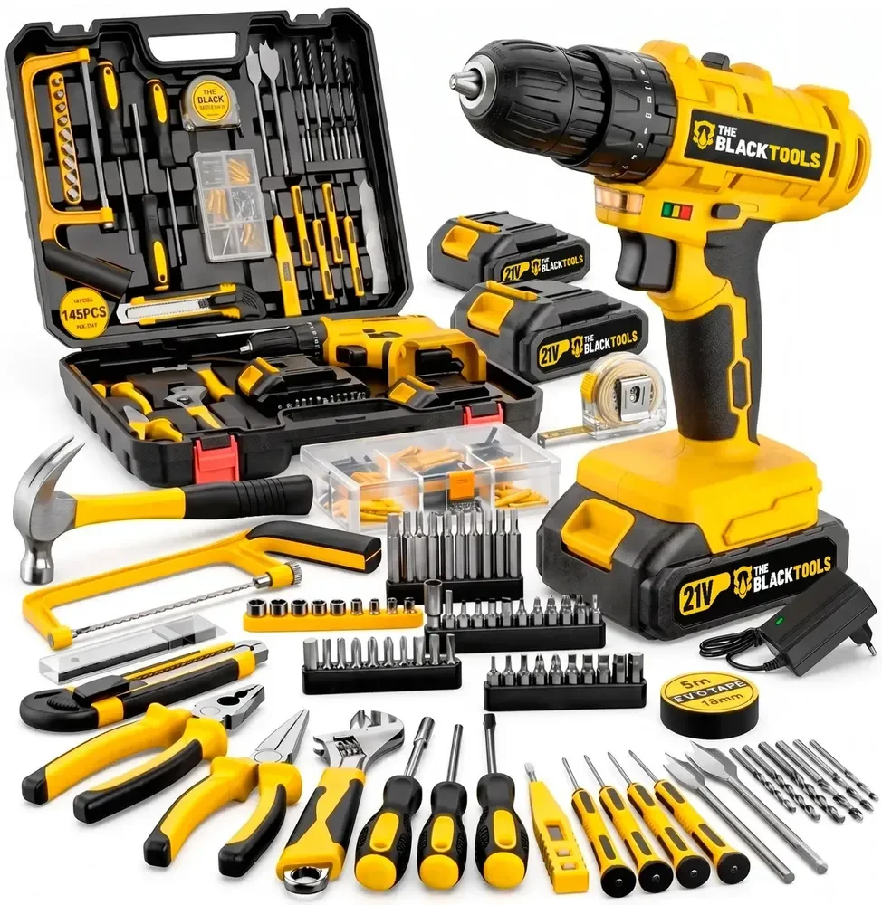 Parafusadeira Furadeira De Impacto The Black Tools Profissional 2 Baterias Com Maleta + Kit Acessórios 145 Peças Tbkit19