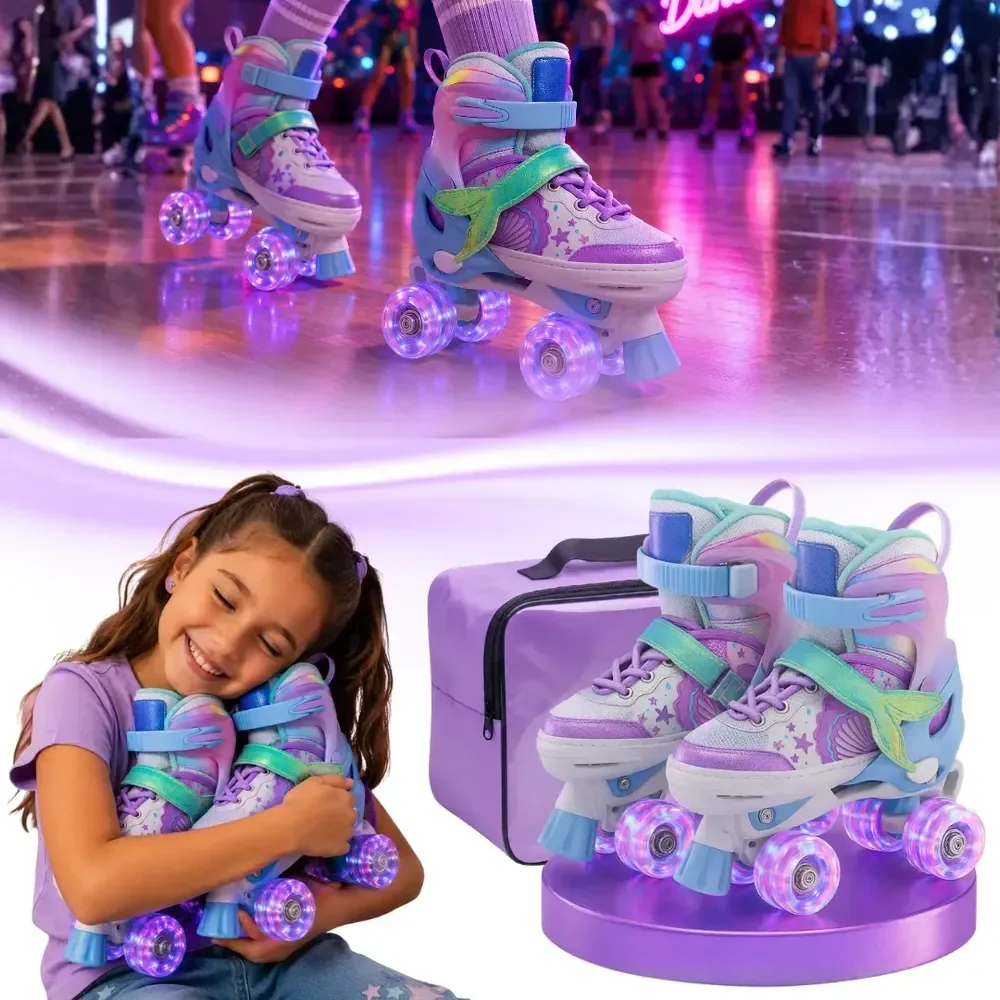 Patins Infantil Menina Led Iluminado Feminino 4 Rodas Sereia M 33-36 54 Mm Rosa