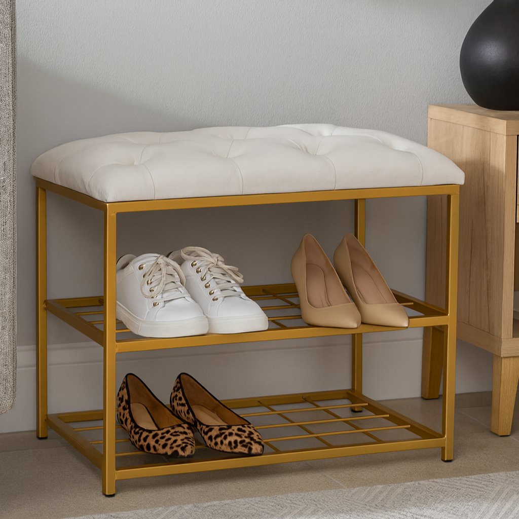 Sapateira Banco 2 Andares 47x30x60cm Metal Dourado com Assento Estofado Veludo Organizador