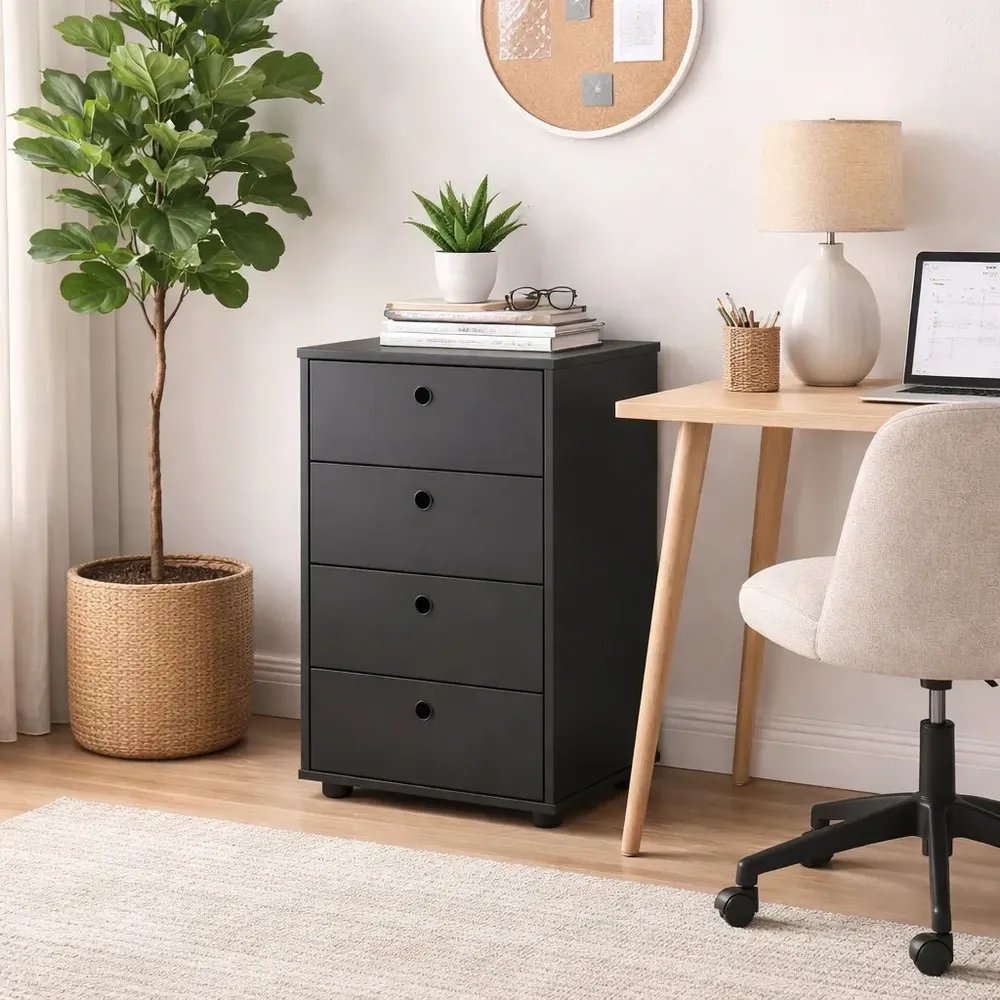 Gaveteiro 4 Gavetas Escritório Quarto Móvel Multiuso Classic Preto