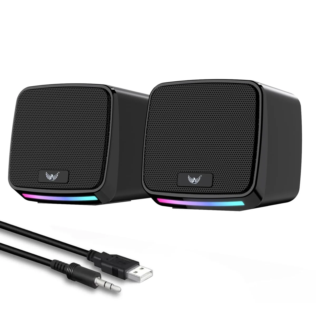 Alto-falantes RGB para PC, alimentação USB, conector de áudio de 3,5 mm, compacto, preto