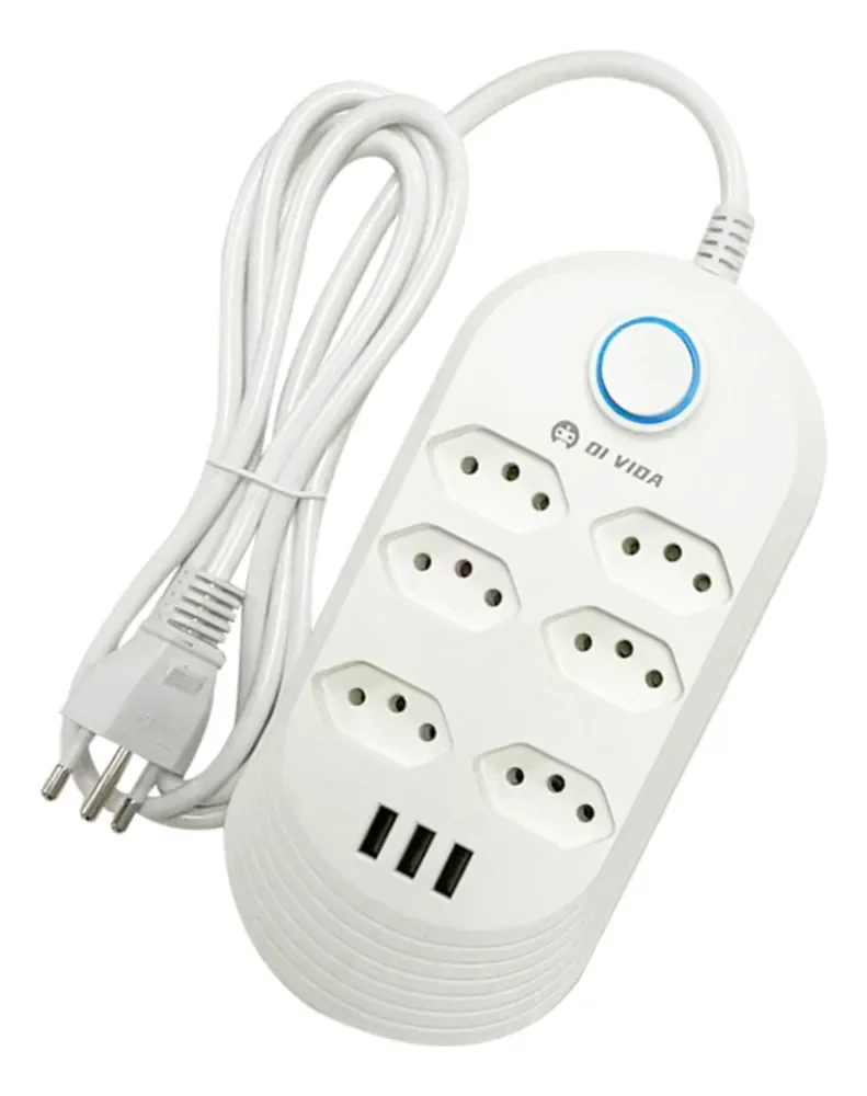 Extensão Elétrica 6 Tomadas Régua Bivolt C/ 3 Usb Cabo 2m Branco 110v-220v