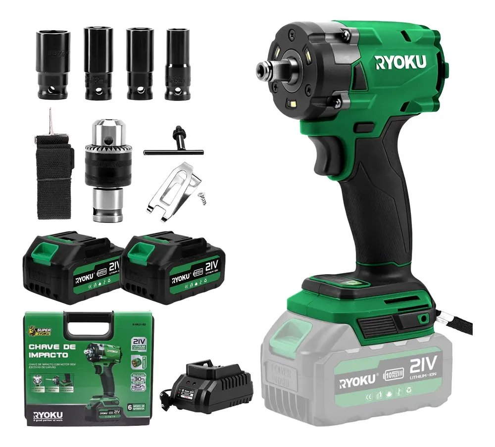 Chave De Impacto Brushless 600nm 21v Com 2 Baterias Ryoku Verde 127/220v