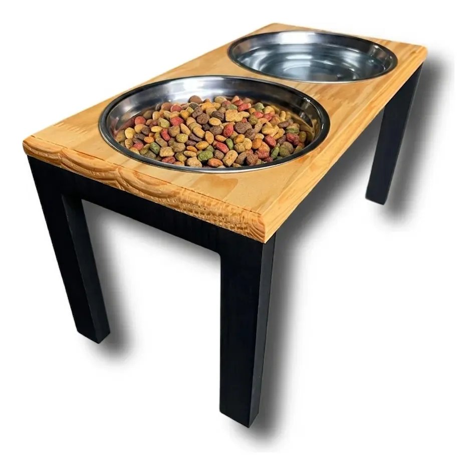 Comedouro Alto Duplo Tigelas Inox Para Cachorro Grande Madeira