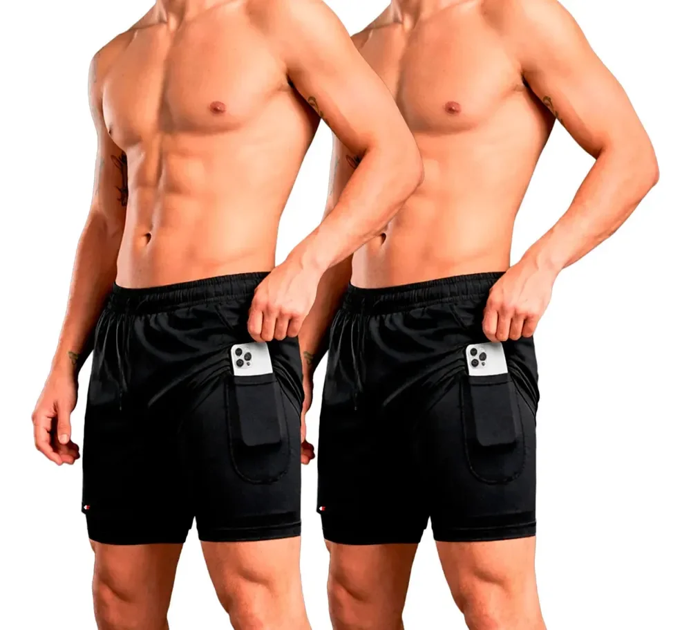 Kit 2 Shorts Bermuda Compressão 2 Em 1 Sandrini Academia Preto Liso P