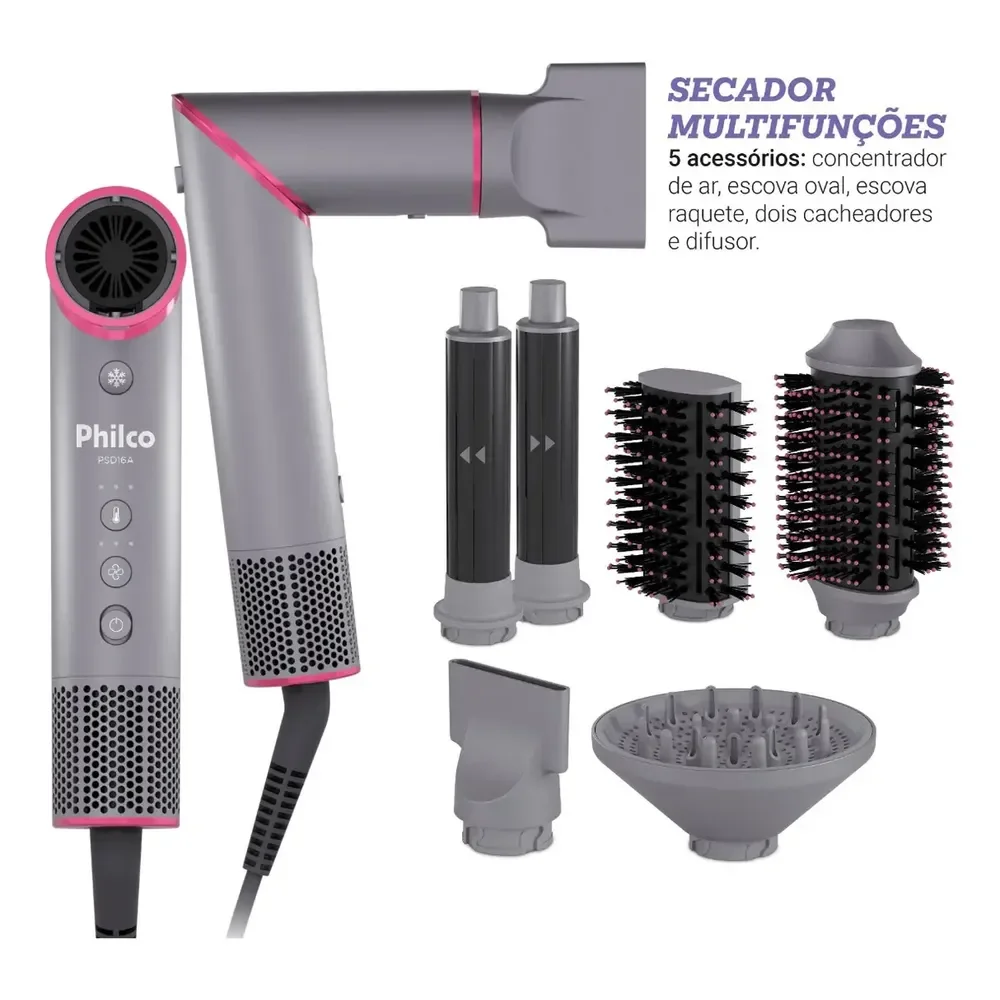 Secador De Cabelos Philco Motor Bldc 6 Acessórios Fast Dry 1450w Psd16a 127v Cinza E Rosa