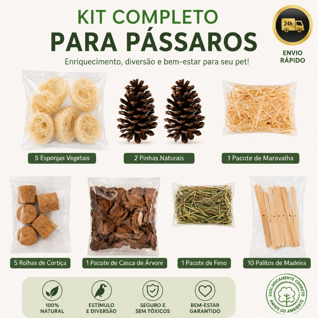 Kit Enriquecimento Ambiental Calopsitas e Aves - Pinha, Bucha, Casca, Cortiça e Feno - Orni Store