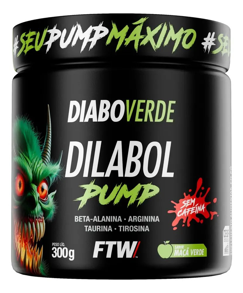 Pré Treino Dilabol Pump Diabo Verde Sem cafeína Pote 300g Sabor Maça Verde - Ftw