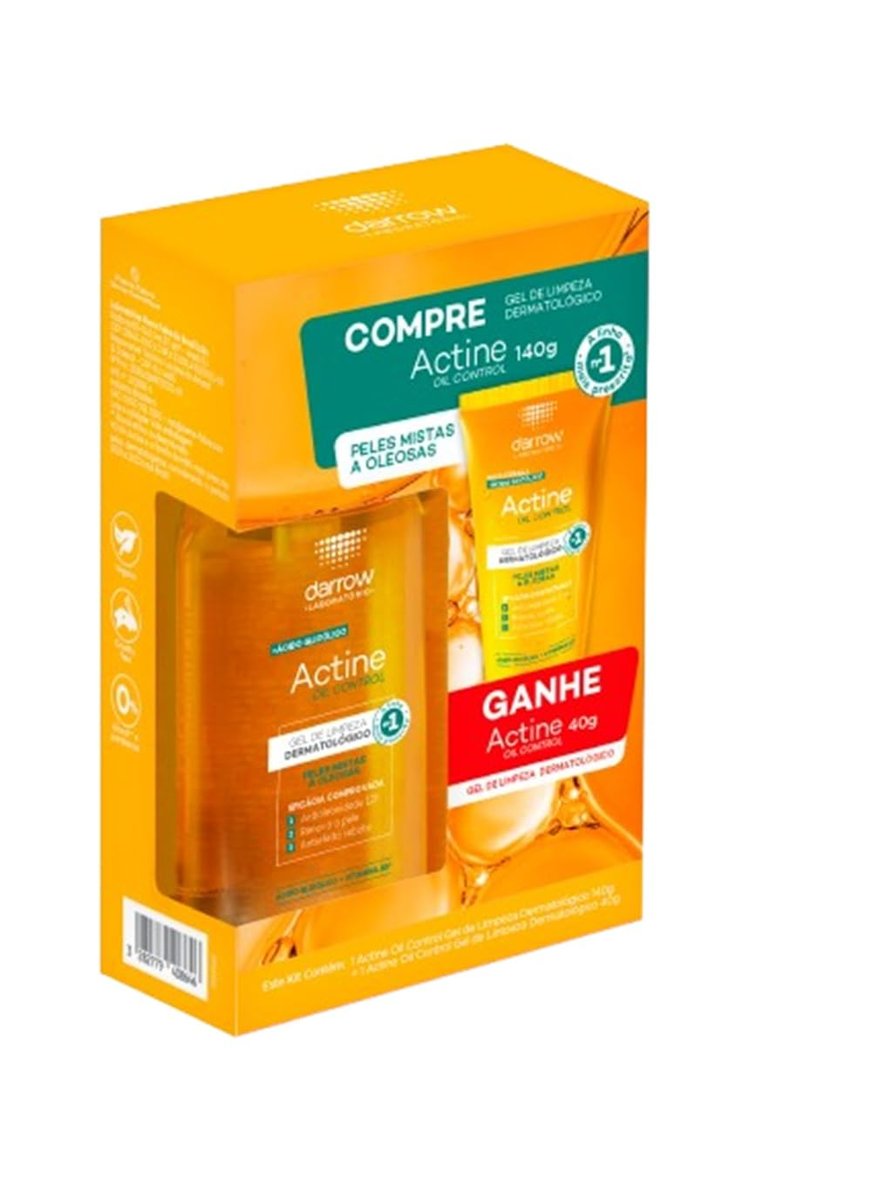 Darrow Actine Oil Control Kit Gel de Limpeza Dermatológico Facial com Ácido Glicólico e Vitamina B5 que Controla Oleosidade sem efeito rebote, Renova a Pele e Reduz Poros, 140g + 40g