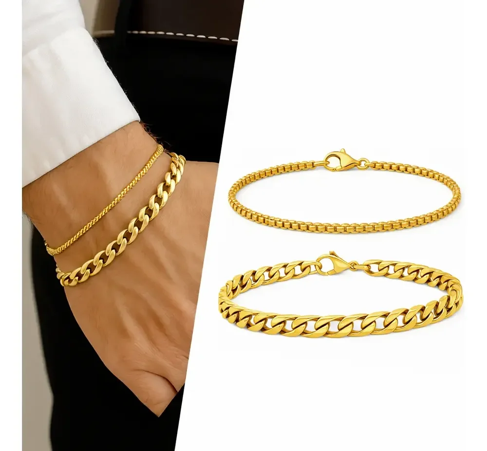Kit 2 Pulseiras Masculinas Banhadas A Ouro Grumet Veneziana Dourado 21 Cm