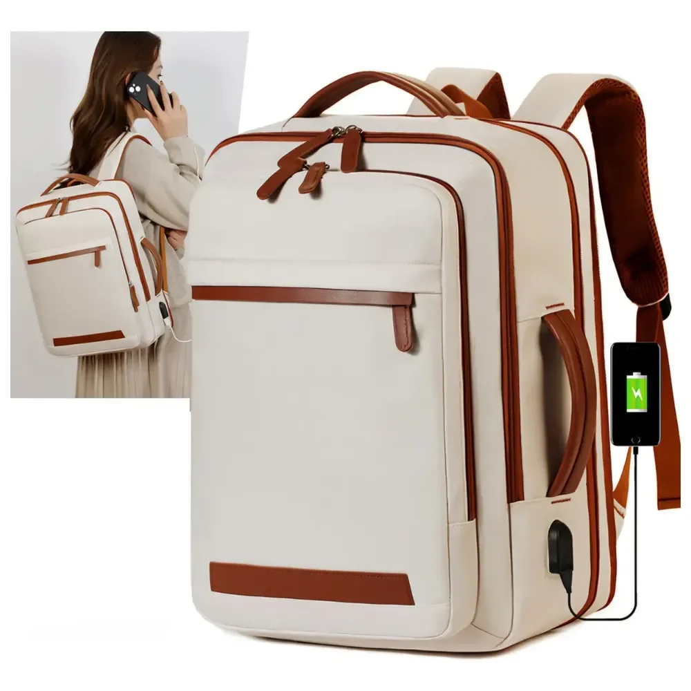 Mochila Reforçada Expansível Executiva Viagem Trabalho Mala Bege