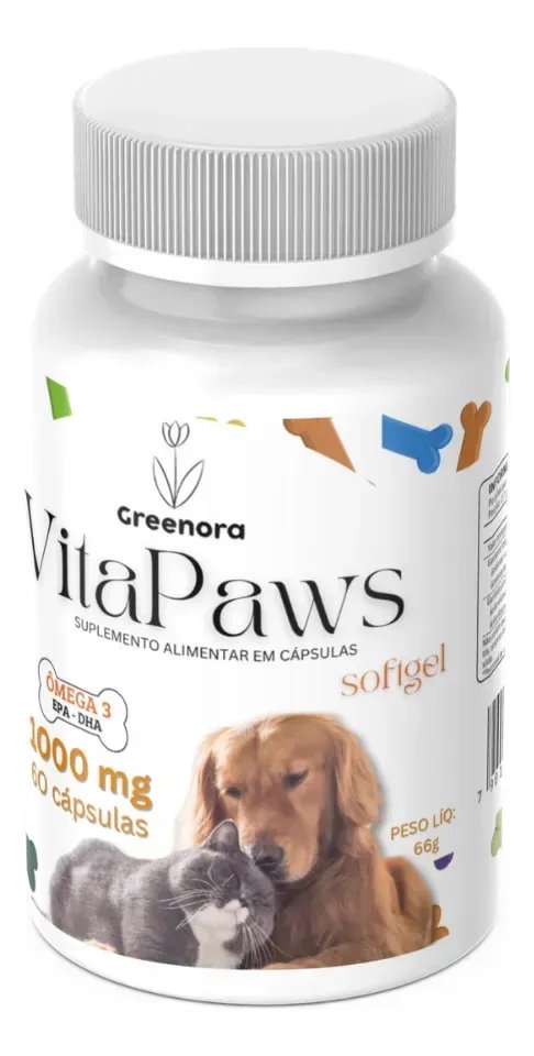 Ômega 3 Greenora para Cães e Gatos 1000mg EPA DHA Sabor Salmão 60 Cápsulas