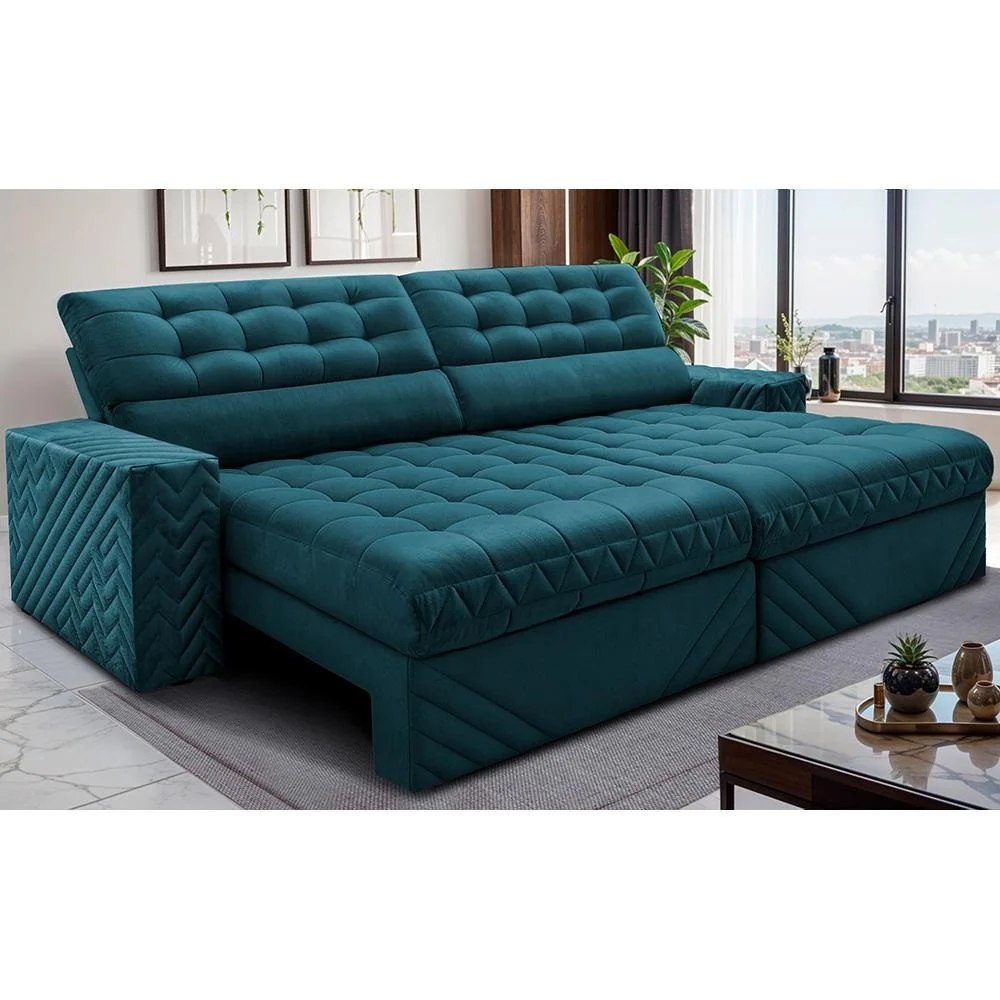 Sofá Retrátil e Reclinável 2,30m Molas Ensacadas Max Spring. Velusoft Cama inBox