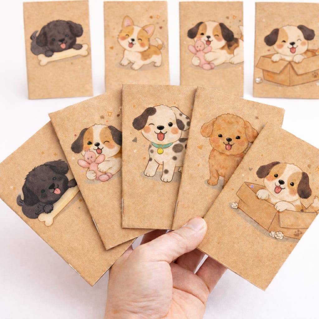 KIT 20 mini cadernos kraft retrô 16 folhas desenho doguinho cachorro pet bolso diários estudantes material escolar