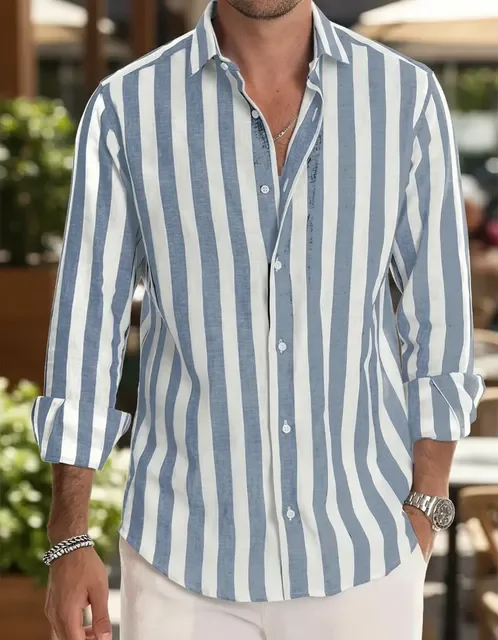 Camisa Masculina De Manga Comprida Com Botões E Listrada