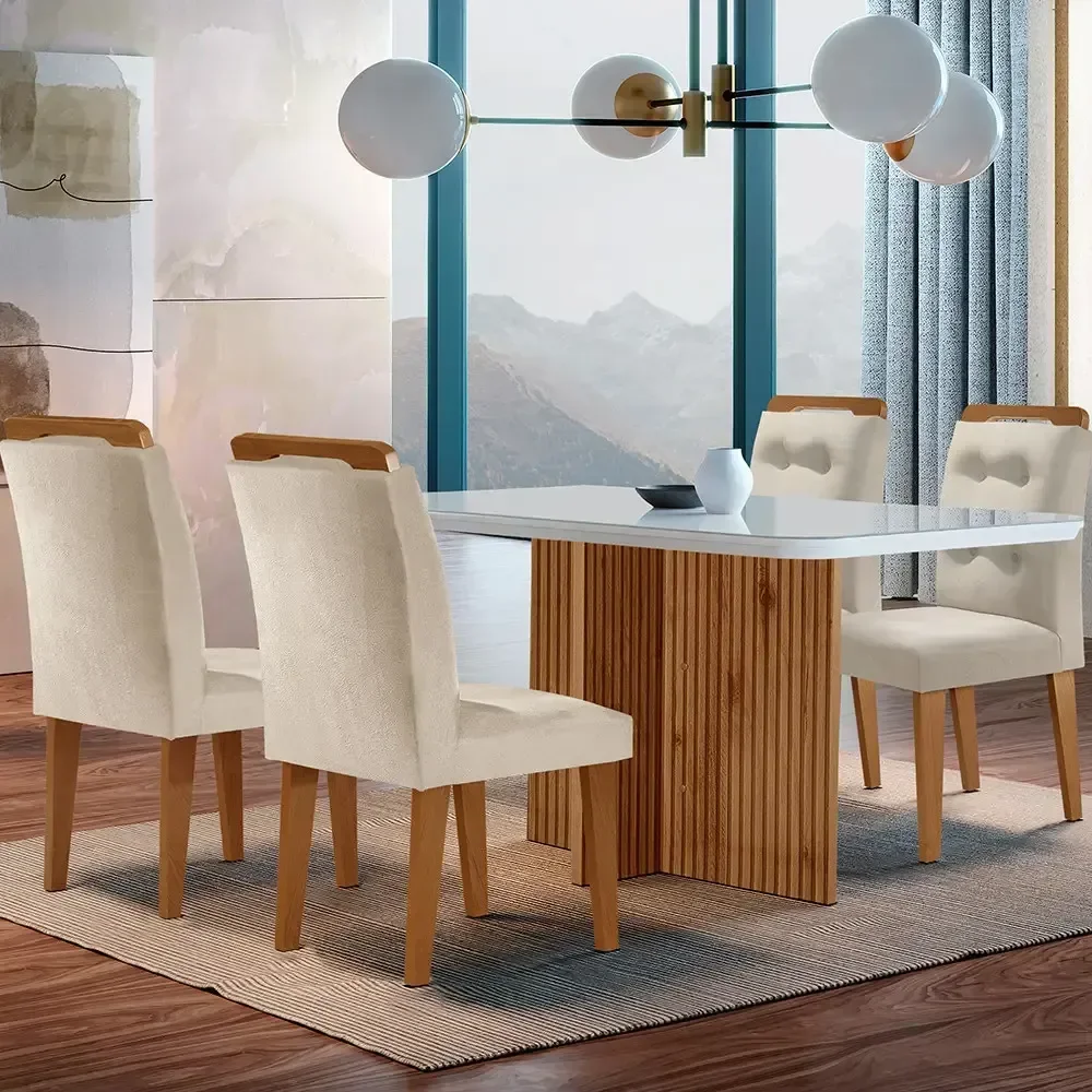 Sala De Jantar Olímpia Mdf E Vidro Com 4 Cadeiras Carol Cor Creme/off White/imbuia