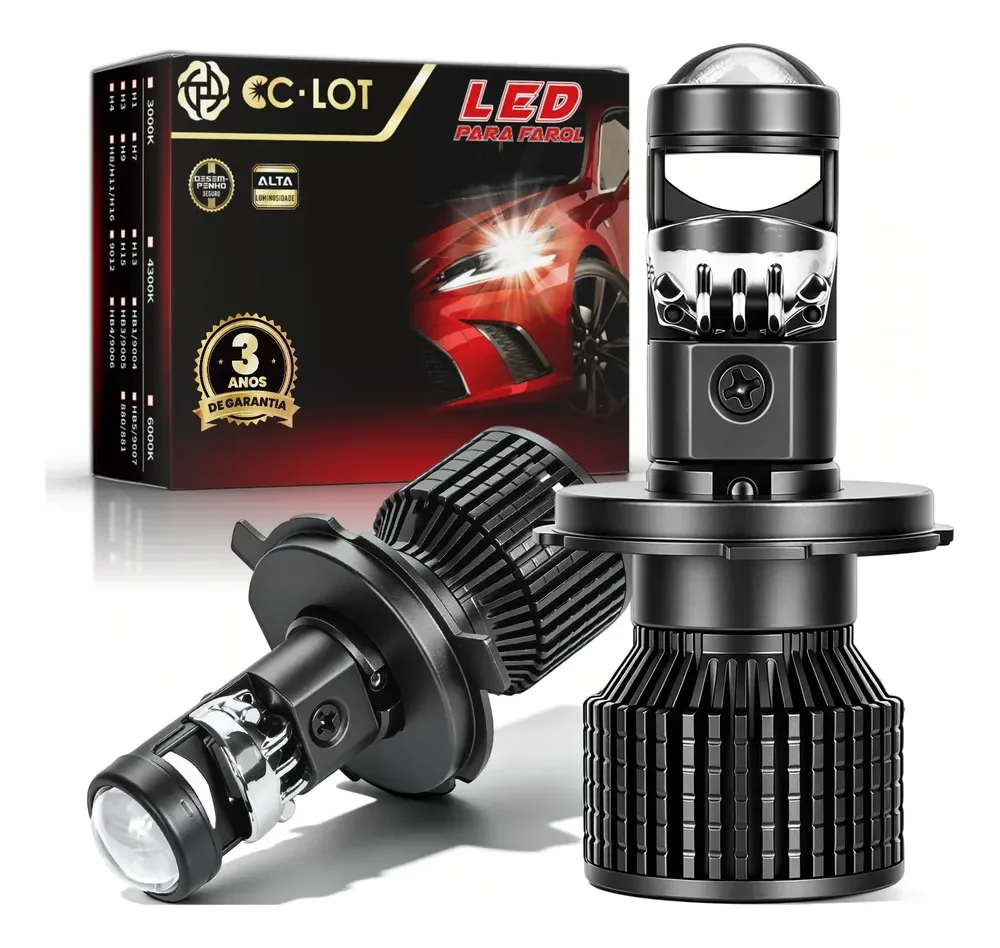 Kit Mini Projetor H4 Cc Lot Lampada Led Super Farol Carro H4 Preto Branco-frio
