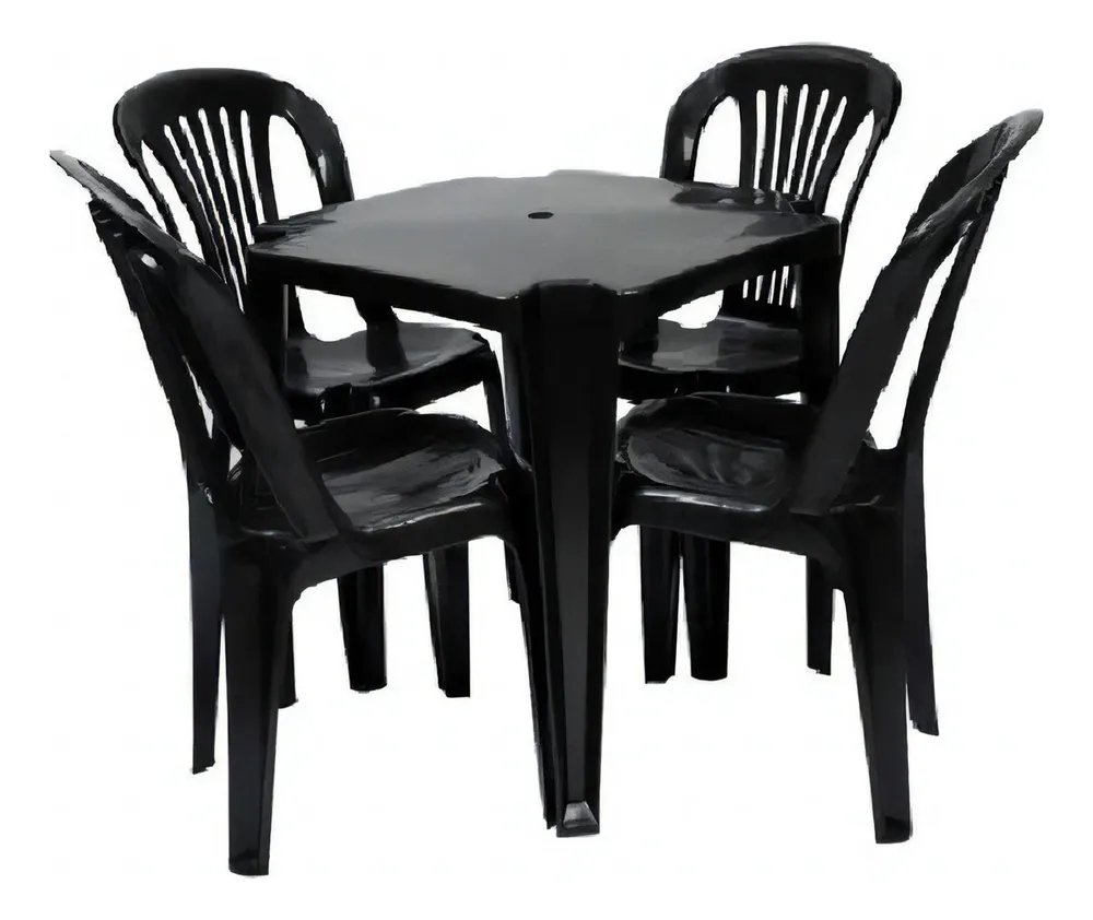 Jr Plasticos Kit Mesa Plástico Quadrada Preta com 4 Cadeiras Bistrô 70cm