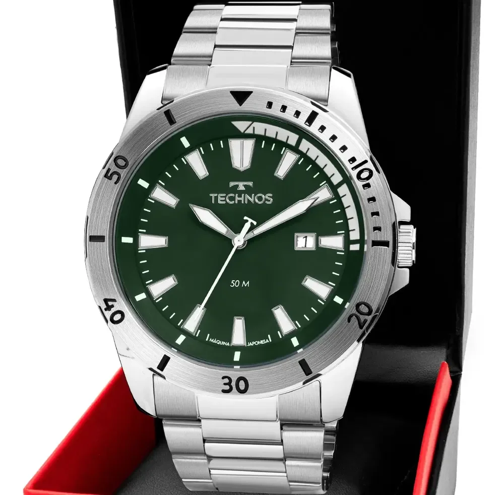 Relógio Masculino Technos Militar Fundo Verde Prateado 2115naq/1v