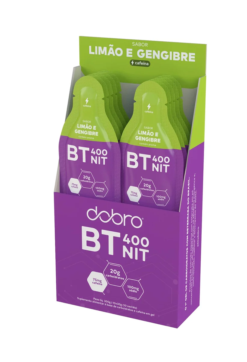 BT 400 Nitrato, Dobro, Gel de Carboidrato, 400mg de Nitrato Natural com Carboidratos, Sabor Limão e Gengibre - 10 sachês de 30g