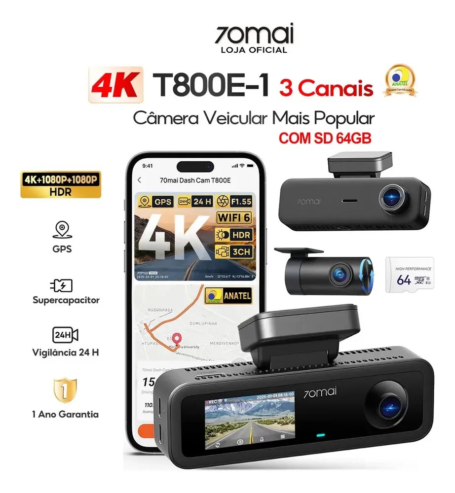 Câmera Veicular 3 Canais T800E-1 Com SD 64GB 4K+1080P+1080P 70mai GPS WiFi 6 APP Camera Carro HDR Visão Noturna Vigilância 24H Camera de Seguranca Veicular Supercapacitor para Uber/Taxi Com ANATEL