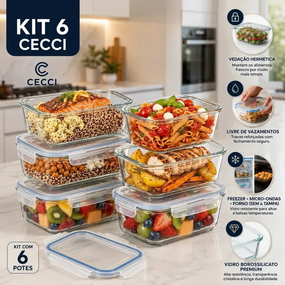 Kit 6 Potes de Vidro Herméticos Retangulares 640mL com Tampa para Marmita e Freezer