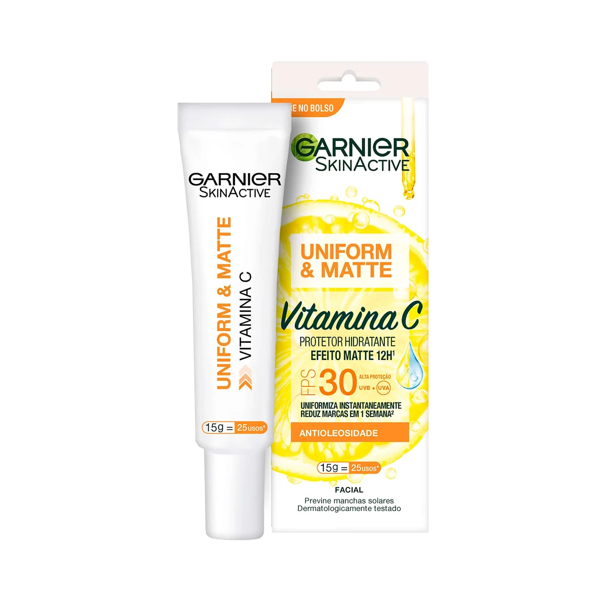 Garnier Uniform & Matte Protetor Hidratante Facial com Vitamina C e Ação Antioxidante, Controla a Oleosidade e Reduz Marcas, Efeito Matte 12h, FPS 30, 15ml