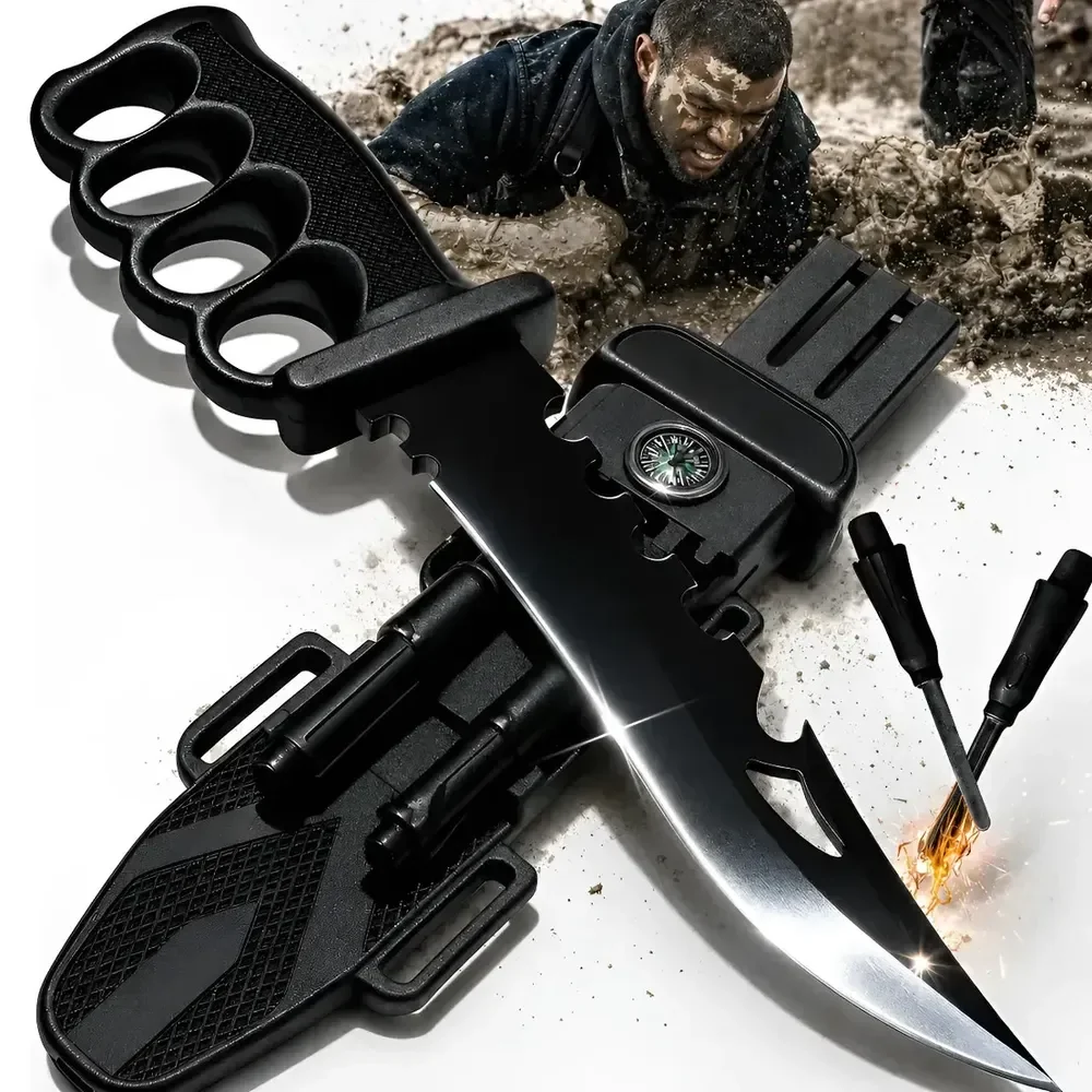 Faca Tática Sobrevivência 33cm Aço 440c Ultra Afiada Com Soco Inglês Bússola Apito Pederneira Afiador Bainha Militar Camping Caça Pesca Trilha Emergência Resgate Selva Outdoor Combate