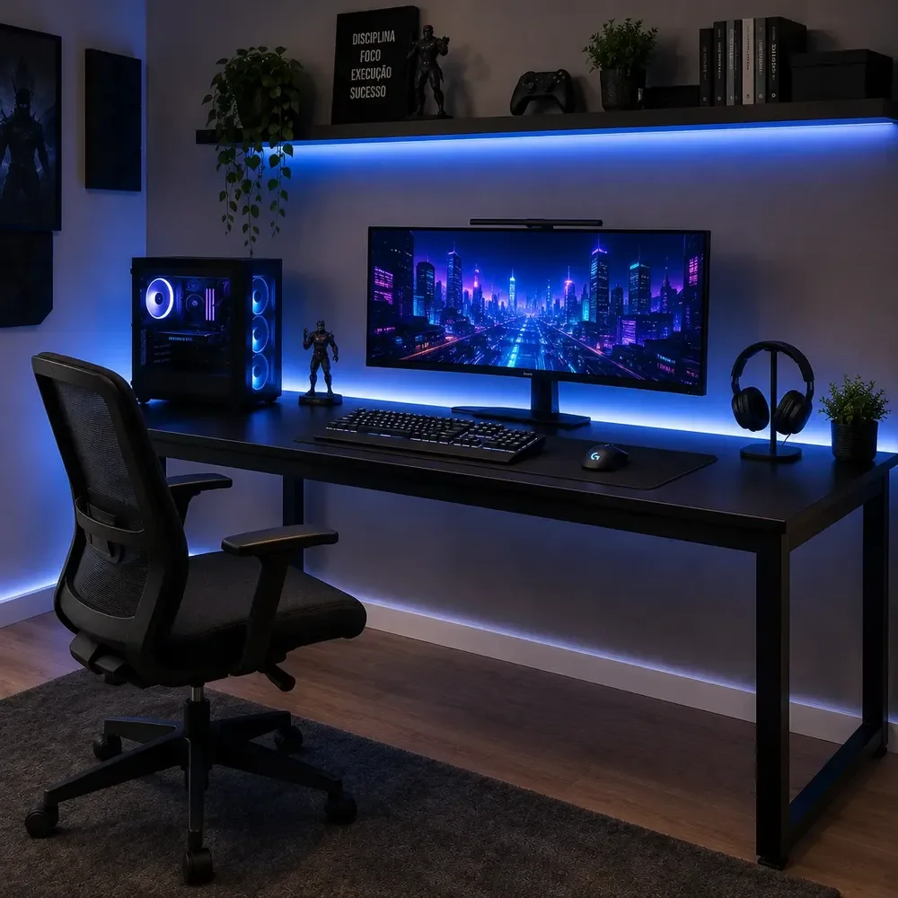 Mesa Gamer Industrial 150cm Para Setup E Escritório Pés Aço Preto