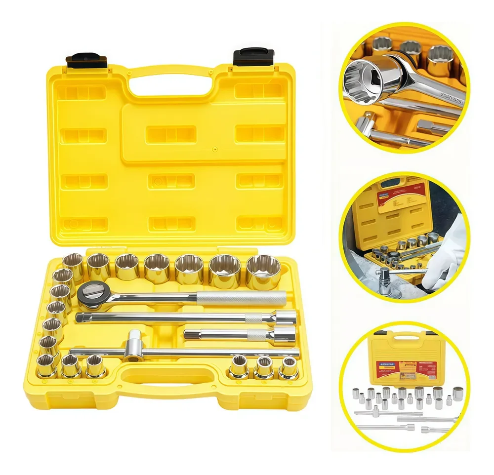 Jogo De Soquetes Estriados Encaixe 1/2'' 22 PeçasCor Cinza/amarelo