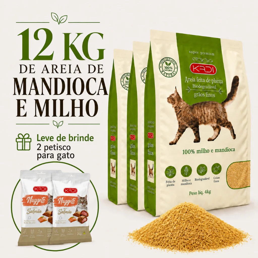 Areia Higiênica Natural Biodegradável de Grãos Finos de Milho e Mandioca para Gatos Kadi 12 kg