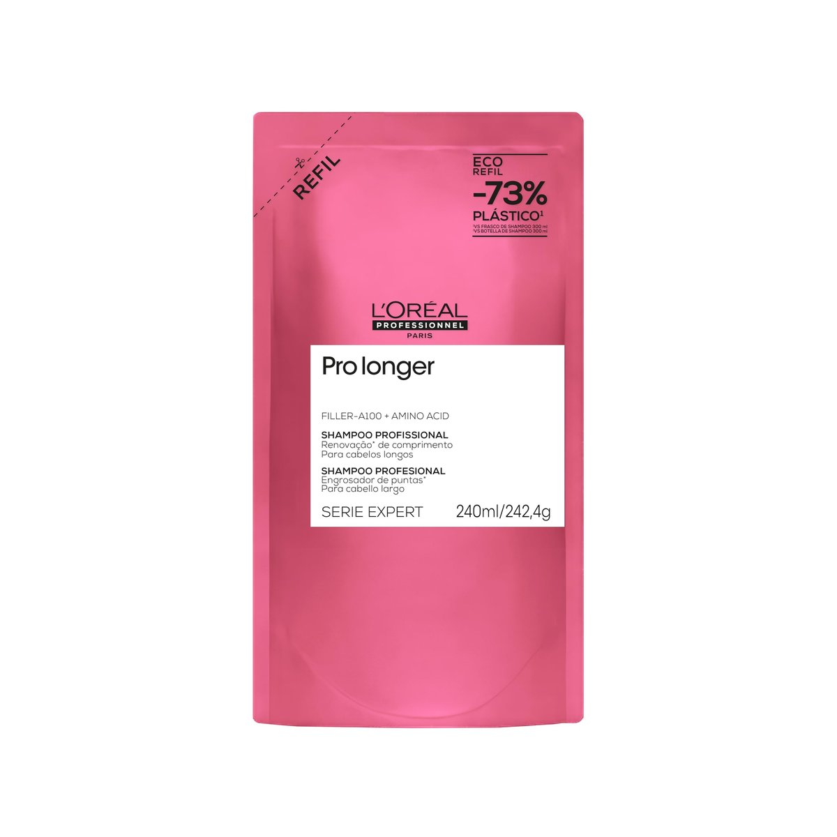 L'Oréal Professionnel Serie Expert Pro Longer, Shampoo para Cabelos Longos com Pontas Danificadas, Preenche e Fortalece a Fibra com Filler-A100 e Aminoácidos, Tecnologia Co-Emulsão, 240ml