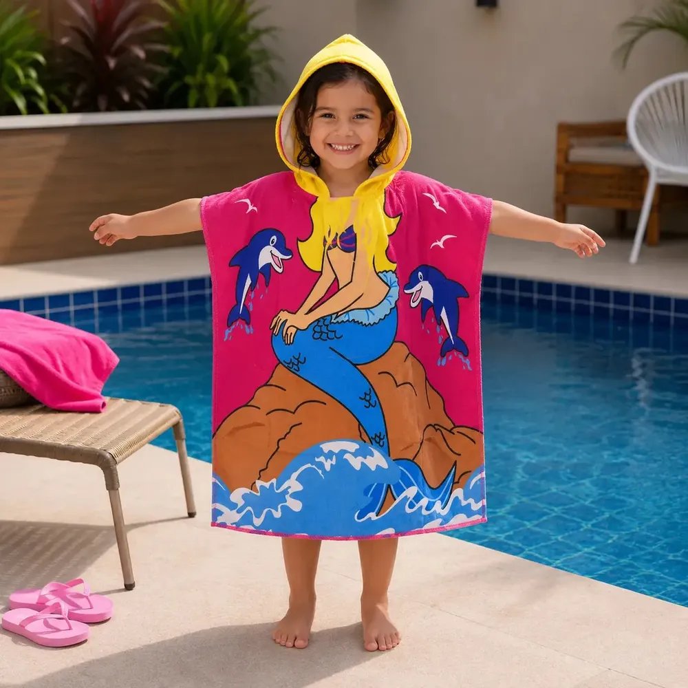 Poncho Infantil Natacao Surf Atoalhado Roupão Eps-0147 Praia Piscina Banho Toalha Estampa de Sereia Menina
