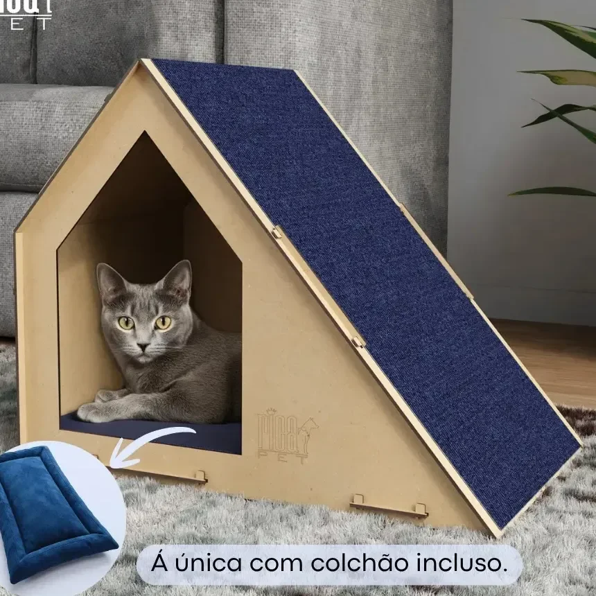 Casinha Com Colchão Para Gato Tóca Rampa Casa Caminha Pet Arranhador Luxo Cor Azul