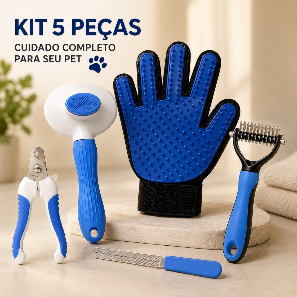 Kit Pet 5 Peças para Cães e Gatos – Escova Tira Pelos, Luva Massageadora, Cortador de Unhas, Pente Desembolador e Lixa