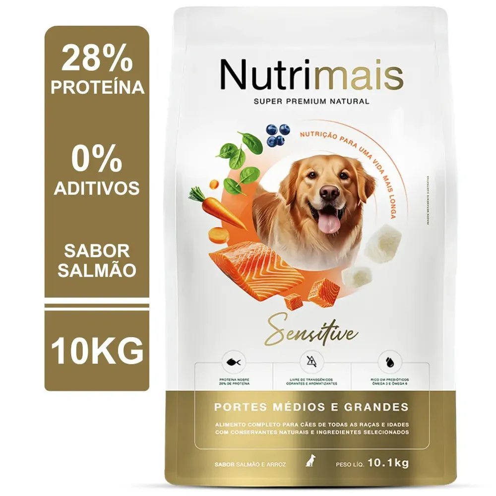 Ração Seca Cães Salmão Alta Proteína Equilíbrio Intestinal Médio Grande Porte Nutrimais 10kg