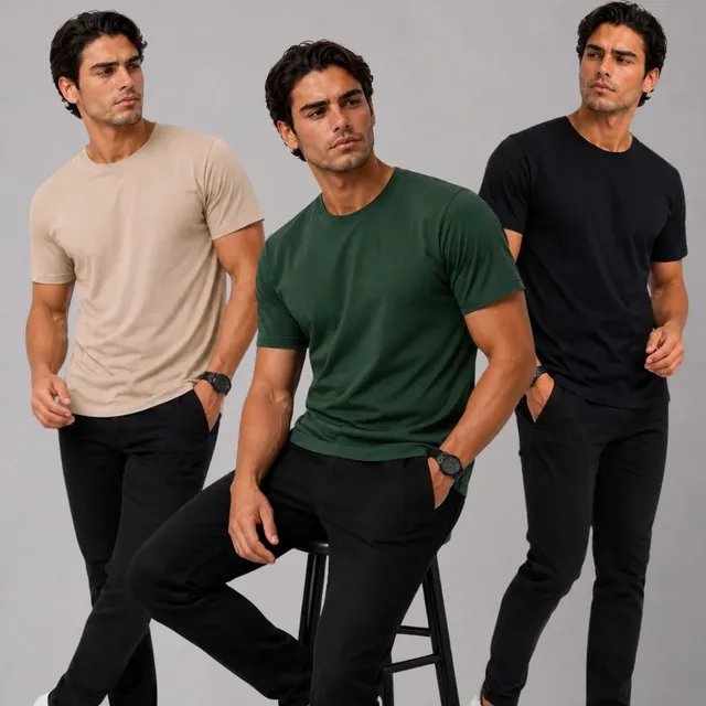 Kit 3 Camiseta Básica Masculina Algodão Lisa Peruana Premium
