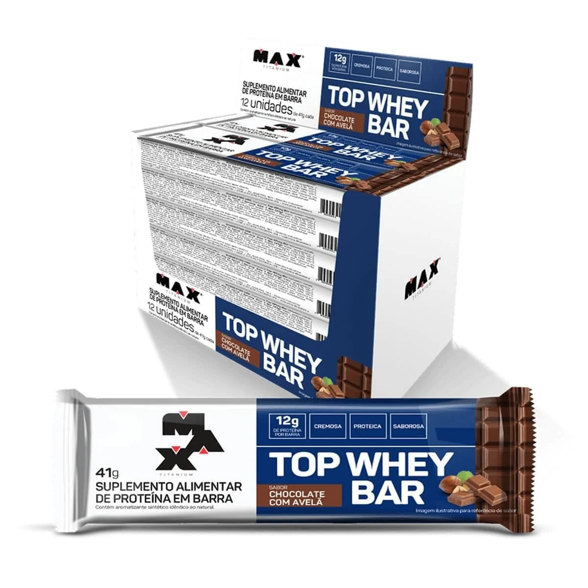 Max Titanium Top Whey Bar 12 Unidades De 41G (Chocolate Com Avelã)
