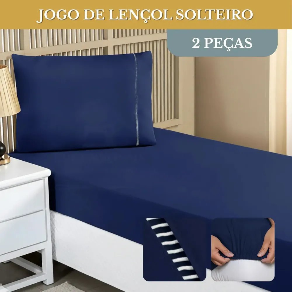 Jogo De Lençol Cama Solteiro 02 Peças 400 Fios Ponto Palito C/ Elástico Hotel Cor Azul-marinho Liso