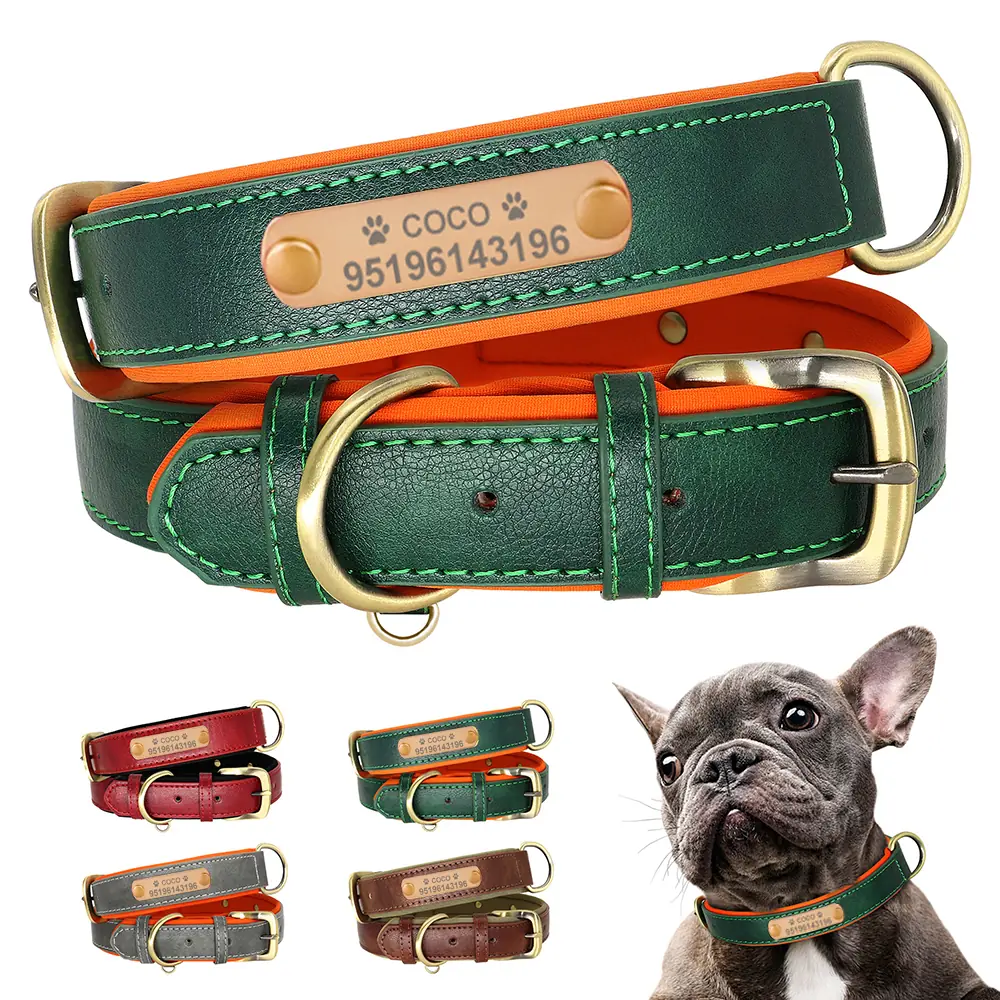 Coleira De Couro Personalizada Com Placa De Identificação , Macia Acolchoada Para Cães , Nome De Gravação Grátis Pequeno