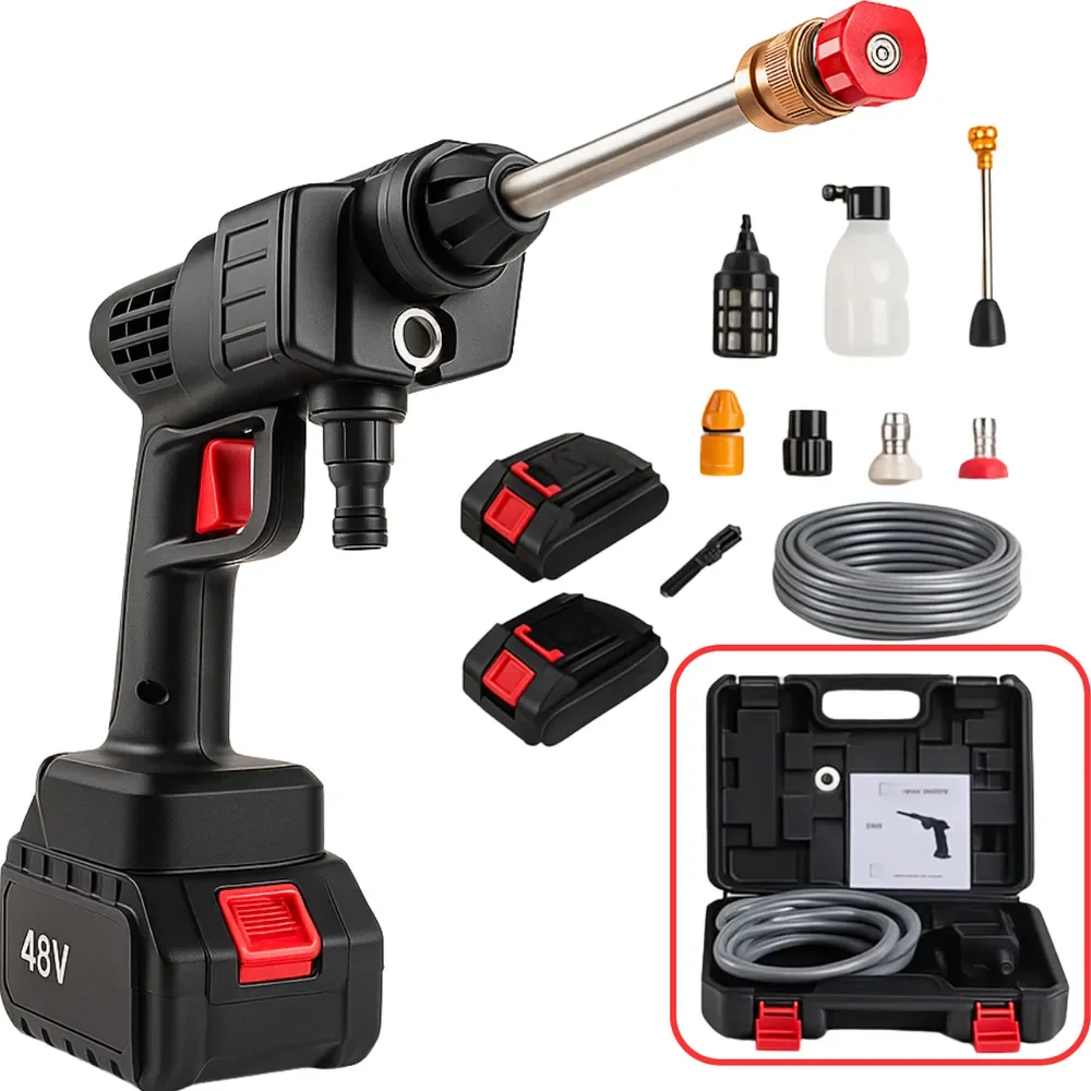 Lavadora Lava Jato Portátil Alta Pressão 2 Baterias Recarregáveis 48v Sem Fio Maleta Preto 50 Hz X 60 Hz