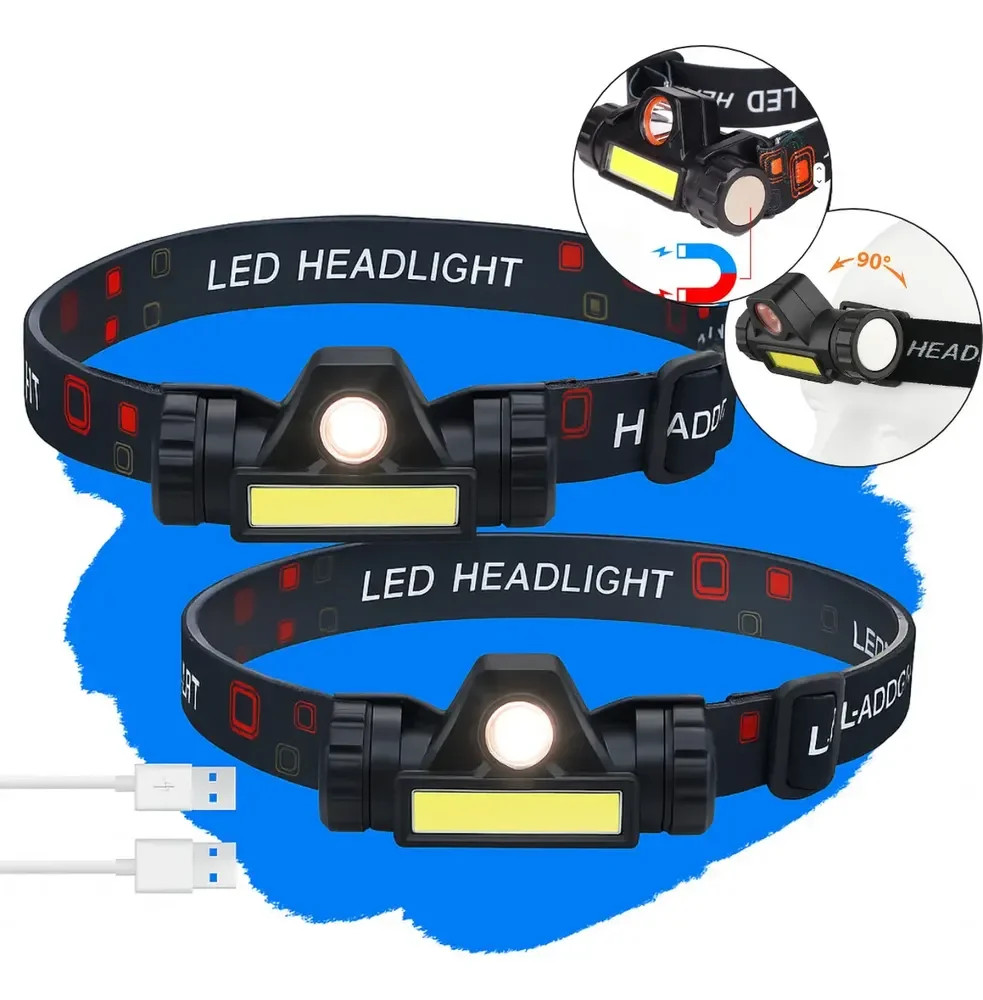 Kit com 2 Lanternas de Cabeça LED Recarregável USB para Camping e Pesca
