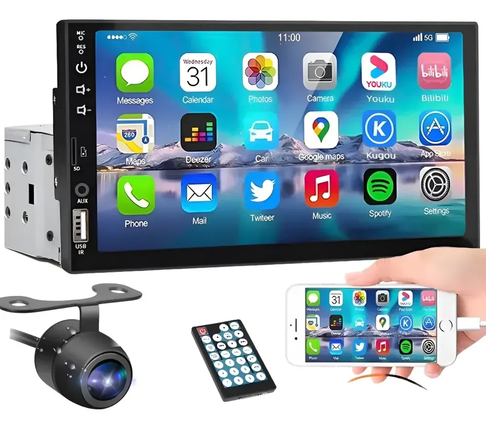 Central Multimídia Mp5 Universal Tela 7' P Touch + Câmera Ré Kit Multimidia 1 Din Com Câmera De Ré
