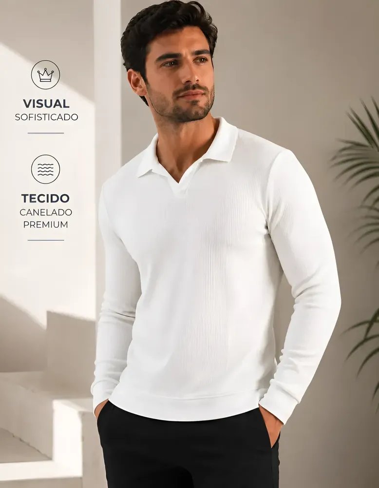 Camisa Polo Masculina Gola Italiana Manga Longa Branco/off P