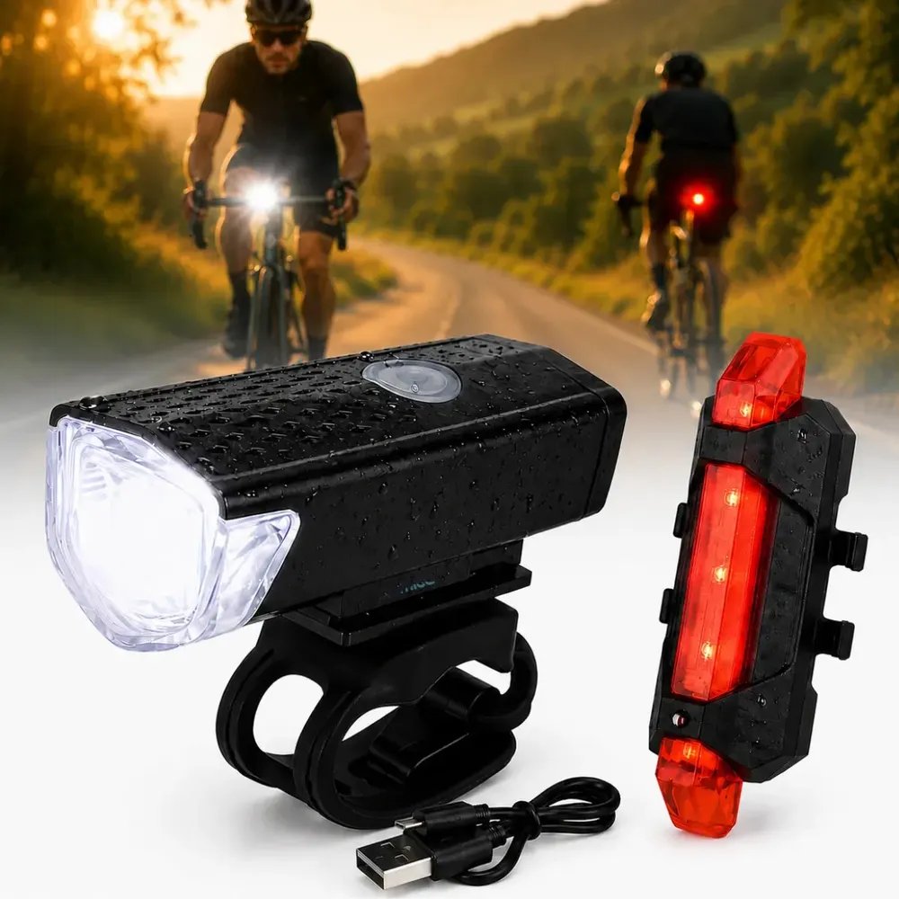 Kit Farol e Lanterna Premium Para Bicicleta Potente Recarregável Led Bike Ciclismo USB 400 Lúmens À Prova D'Água Comica